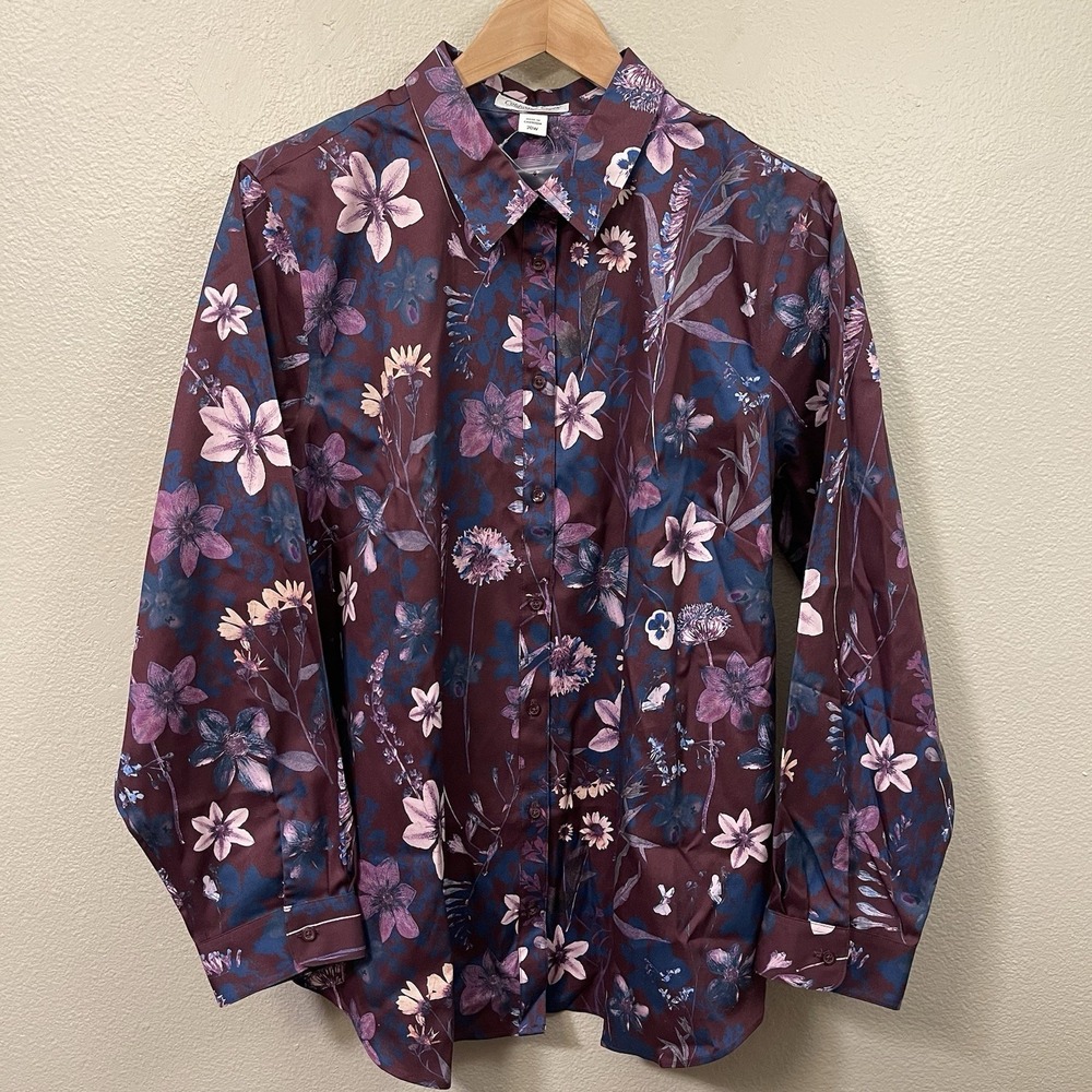 NWOT Coldwater Creek Floral Button Up Cotton Purple Dark Romantic Plus Sz 20